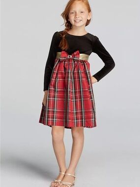 Dollie & Me Black Velvet and Red Plaid Dress with Gold Sash 4T Toddler Girl